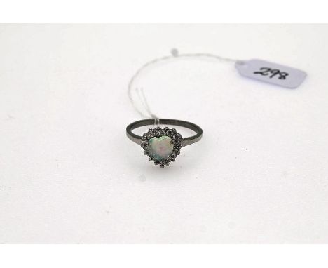 Silver ring with simulated heart shaped opal surrounded by cubic zirconia' size s