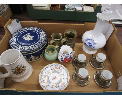Coalport dish, various china, vintage tin and plated cup and saucers with ceramic liners