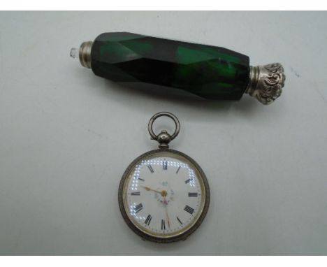 Swiss silver cased ladies pocket watch. (3 bears mark 0.935 AMJ) and a green glass double ended scent bottle a/f one lid miss