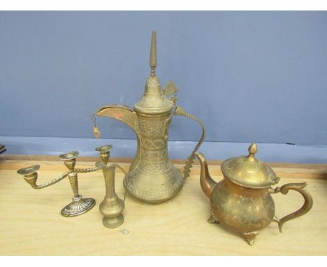 Brass Arabic coffee pot, candelabra and teapot etc&nbsp;