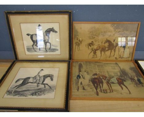Horse etchings 'Sedbury' and 'Old partner' and 2 hand coloured prints depicting a hunt and the races plus a print of another 