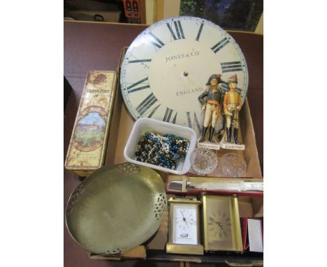 A collectors lot to include Jones clock, 2 carriage clocks, costume jewellery, ceramic guard figures etc