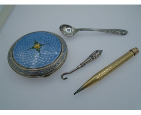 A silver hallmarked chatelaine button hook, (Birmingham 1916,) a rolled gold propelling pencil, small plated spoon and a vint