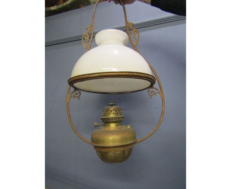 Brass hanging oil lamp with glass shade&nbsp;