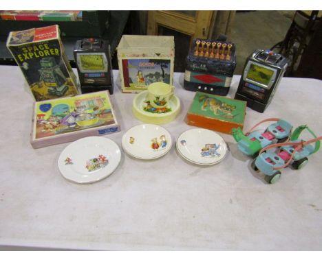 Vintage toys to include Hero 1950's toy accordion, 2 Space explorer robots and puzzles etc&nbsp;