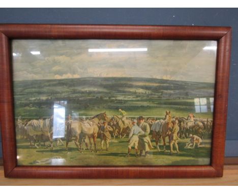 After Munnings 'In the saddling paddock' print with dated label on verso49x74cm