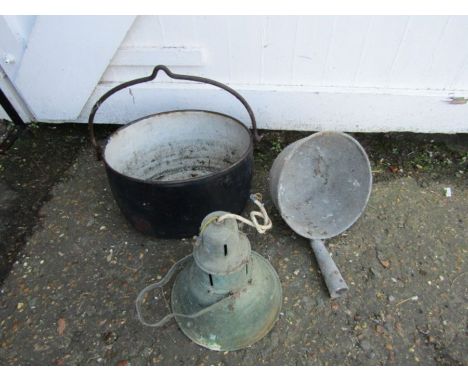 Cast iron cauldron, galvanised handled pot and industrial light fitting&nbsp;