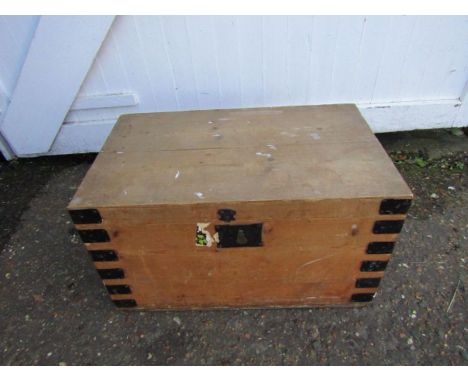 Wooden trunk with metal banding made by John Self of Kings Lynn - Box, Trunk and travelling chest manufacturer. H40cm W71cm D