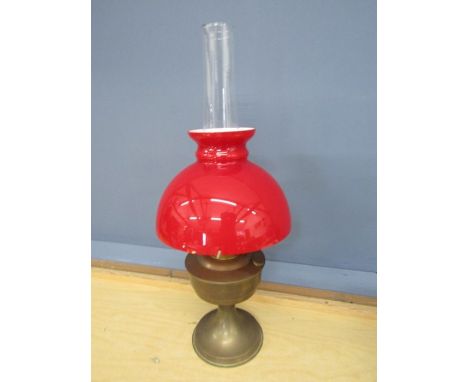 Brass oil lamp with red glass shade&nbsp;