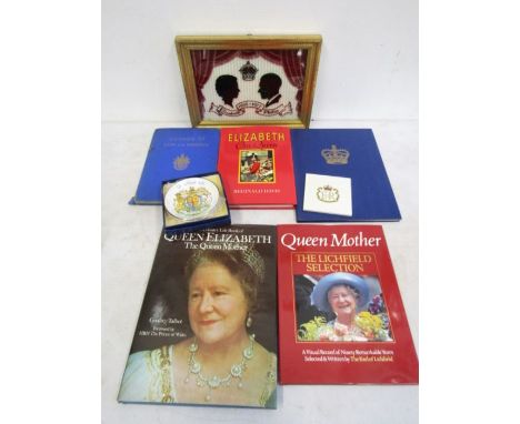 Royal commemorative books, a picture, a boxed dish and a tile