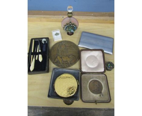 Death penny, Strattons compact, perfume bottle, Sheaffer pen, Pentel pen, cigarette case,&nbsp;