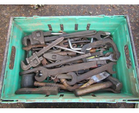 Crate of tools to include adjustable wrenches, spanners and lump hammer etc&nbsp;