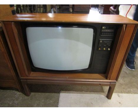 PYE tv first tv with teletext- as seen in science museum, housed in a teak unit with closing doors (no plug-for display purpo
