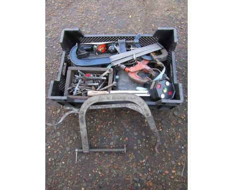 Crate of tools to include Stanley SB3 plane, G-Clamps and drill bits etc&nbsp;