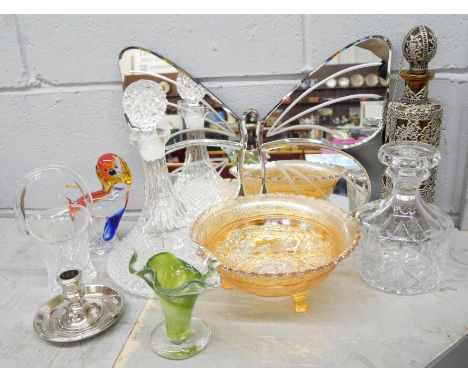 Glass including a Murano dish, a coloured glass dog figure, decanter, glasses, a butterfly mirror, crested china and a chambe
