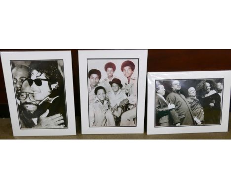 Three large mounted photographs of Motown stars; Stevie Wonder, Diana Ross, Smokey Robinson, Michael Jackson