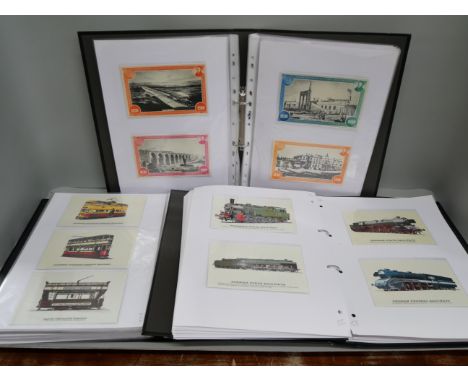 Three albums of railway locomotives, vintage cars and tram postcards, etc., in quantity