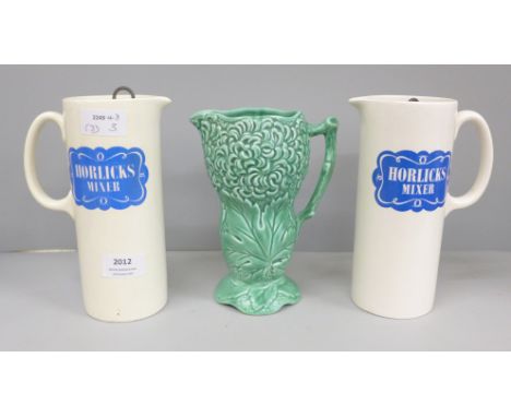 Two Horlicks mixer jugs and a Sylvac vase 