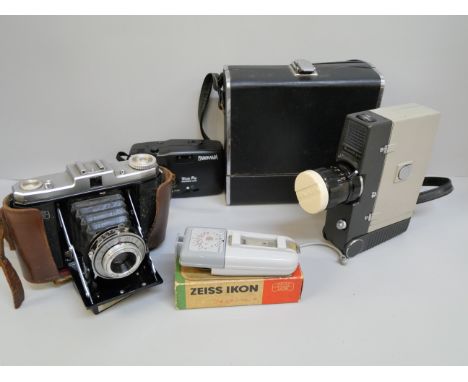 A selection of photographic equipment including Netar camera and leather case, a Sankyo Super 8-cm video recorder with instru