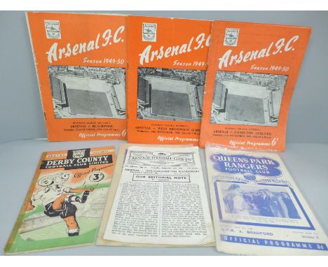Football programmes from the period 1946 to 1949, Arsenal (5), QPR (2) and Derby County (1)