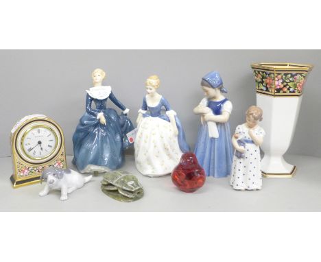 A Wedgwood Clio clock and vase, two Royal Doulton figures, two Royal Copenhagen figures and a dog, etc.