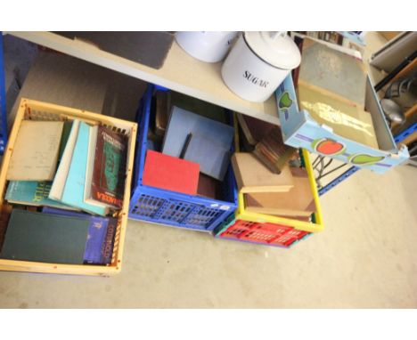 Collection of vintage hardback books in four boxes to include leather bound, HG Wells, Dennis Wheatley etc