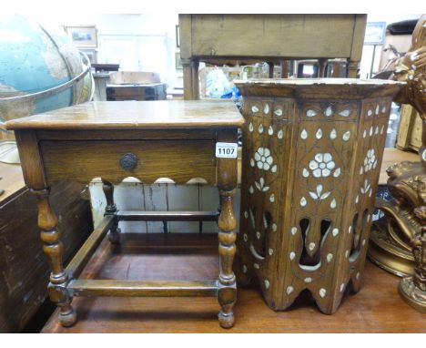 Small Indian Octagonal Hardwood Table with Bone and Mother of Pearl Inlay together with Small Oak Side Table with Drawer