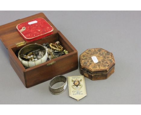 Wooden Box containing a quantity of Costume Jewellery and a Silver Napkin Ring