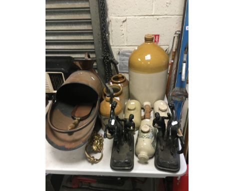 Stoneware Flagon and other Stoneware Jars and Hot water Bottles, Pair Spelter Figures, Copper Jug, Copper Coal Scuttle and Br