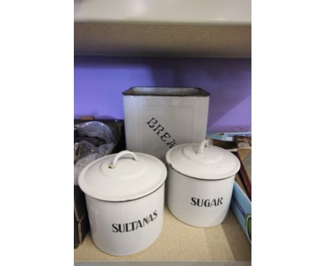 Three enamel containers to include Sugar, sultanas & bread (no lid to bread bin)