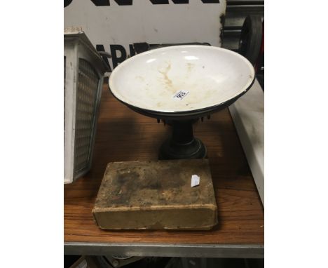 Vintage Iron Scales and Weights with enamel pan