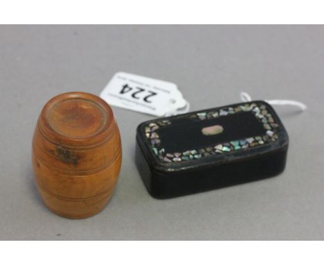 Treen Barrel Shaped Box together with a Georgian Papier Mache Snuff Box with Mother of Pearl Inlay
