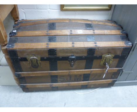 Victorian Iron and Wooden Bound Domed Top Travelling Trunk
