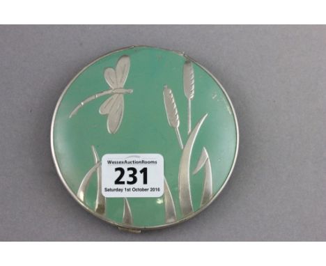 Vintage Art Deco Stratton Green Enamel Compact with White Metal Dragon Fly & Bullrushes decoration