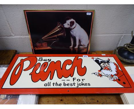 A vintage style Punch enamel sign and an HMV His Masters Voice tin sign