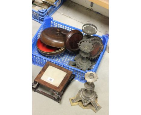 Mixed Oriental hardwood stands, lacquer box. oil lamp bases x 3