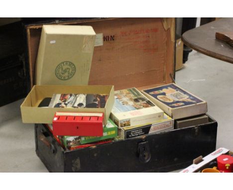 Vintage Travelling Trunk filled with Jigsaws including Wooden GWR, Games and a Quantity of Royalty Ephemera