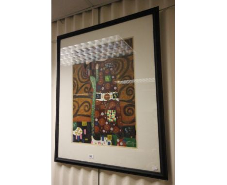 A framed symbolist oil painting portrait of figures in an embrace