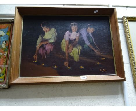 Oil on board of Three young girls lighting candles