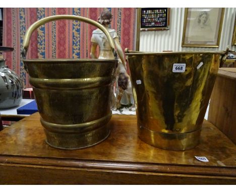 Two Vintage Brass Buckets, one with a bark effect