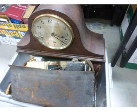 A box of mixed collectables including mantle clock, cameras, motto ware etc