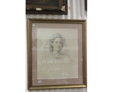 Large Gilt Framed Victorian Pastel Portrait of a Young Woman dressed for her wedding, indistinctly signed, dated 1863