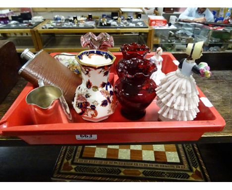 Three Cranberry Glass Vases, Limoges Trinket Box, Mason's Vase, Royal Doulton Ninette, Hip Flask, Silver Plated Jug and anoth