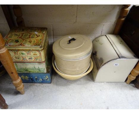 Kitchenalia - Three T G Green Mixing Bowls, Enamel Bread Bin, Three Advertising Biscuit Tins and Two Cake Tins