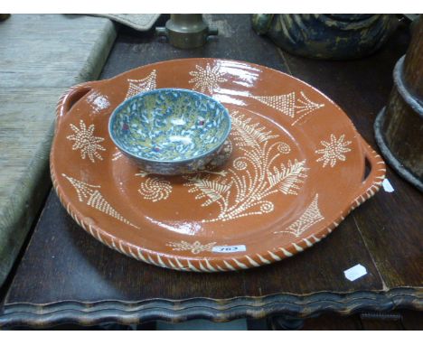 Large pottery bowl with slip decoration plus Dart pottery bowl in the leopard pattern desiged by Janice Tchalenko c1988  