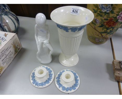 Wedgwood Vase and Matching Pair of Candlesticks together with Spode Figure of Simon