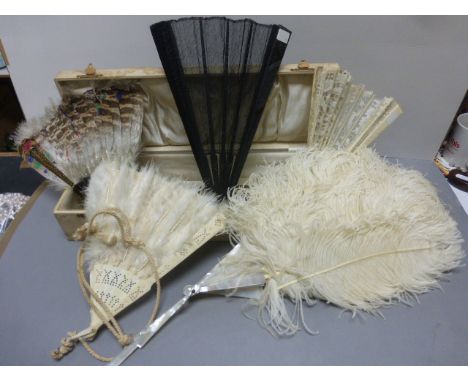 Antique Fans including Bone and Feather Fan, Bone and Mother of Pearl Fan, Lacquered and Feather Fan, Ebonised Wooden and Lac