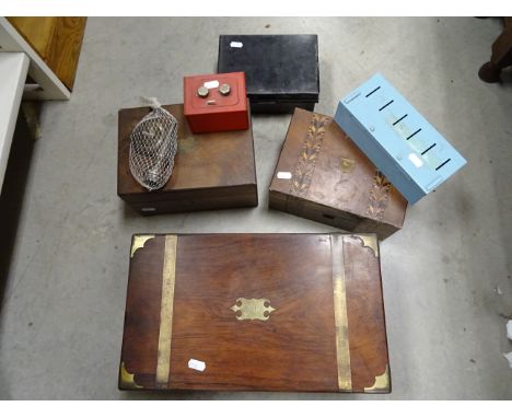 Three Victorian Wooden Boxes, Three Vintage Cash Tins and a Silver Candlestick (a/f)