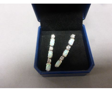 Pair of silver, CZ & opal drop earrings