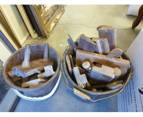 Two Buckets of Mixed Wooden Tools including Planes and Braces